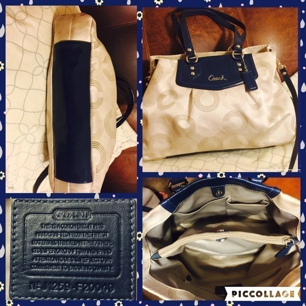 F20049 Coach Leather Blue Ashley Beige Satin Purse